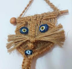 Eskilerden KEDİ Makrome - Cam Nazar Boncuklu Duvar Süsü - El İşi Nazarlık