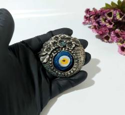 Eskilerden Gümüş Kaplama Nazarlık - Cam NAzar Boncuğu - Duvar Süsü - Nazar Boncuklu Duvar Dekoru - Süs - 002