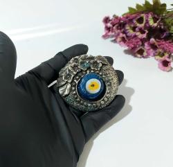 Eskilerden Gümüş Kaplama Nazarlık - Cam NAzar Boncuğu - Duvar Süsü - Nazar Boncuklu Duvar Dekoru - Süs - 002