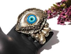 Eskilerden Gümüş Kaplama Nazarlık - Cam Nazar Boncuğu - Duvar Asmalı - Nazar Boncuklu Süs