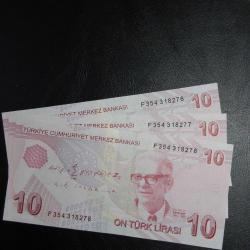 9. EMİSYON 10 TÜRK LİRASI  F 354 318276-318277-318278  ÇİL ( 3 LÜ SERİ TAKİPLİ )  TCB 4747