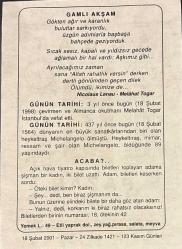 18 ŞUBAT 2001 - TAKVİM YAPRAĞI - DOĞUM GÜNÜ HEDİYESİ - BÜYÜK SAATLİ MAARİF TAKVİMİ - ATATÜRK - MELAHAT TOGAR - MİCHELANGELO'NUN VEFATI - ACABA ADLI KISA YAZI