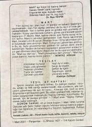 1 MART 2001 - TAKVİM YAPRAĞI - DOĞUM GÜNÜ HEDİYESİ - BÜYÜK SAATLİ MAARİF TAKVİMİ - YEŞİLAY - DR.RIZA TEVFİK - MÜMTAZ ARIKAN - KADRİYE GÜLTEPE - YEŞİL AY HAFTASI - ŞEHİR HATLARI VAPURU KAZASI