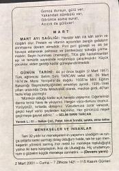 2 MART 2001 - TAKVİM YAPRAĞI - DOĞUM GÜNÜ HEDİYESİ - BÜYÜK SAATLİ MAARİF TAKVİMİ - SELİM SIRRI TARCAN - MART AYI SAĞLIĞI - SELİM SIRRI TARCAN'IN VEFATI - MENEKŞELER VE İNSANLAR