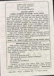 4 MART 2001 - TAKVİM YAPRAĞI - DOĞUM GÜNÜ HEDİYESİ - BÜYÜK SAATLİ MAARİF TAKVİMİ - SCHİLLER - KURBAN BAYRAMI - MENEKŞELER VE İNSANLAR