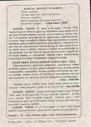 16 MART 2001 - TAKVİM YAPRAĞI - DOĞUM GÜNÜ HEDİYESİ - BÜYÜK SAATLİ MAARİF TAKVİMİ - JEFFERSON - CEVAT KAZIM - ÖĞRETMEN OKULUNUN KURULUŞU - ATATÜRK - NACİ KASIM - SELMA LAGERLÖF'ÜN VEFATI