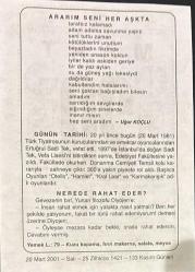 20 MART 2001 - TAKVİM YAPRAĞI - DOĞUM GÜNÜ HEDİYESİ - BÜYÜK SAATLİ MAARİF TAKVİMİ - HEZARİ - UĞUR KOÇLU - ERTUĞRUL SADİ TEK'İN VEFATI - NEREDE RAHAT EDER ADLI KISA YAZI