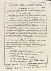 21 MART 2001 - TAKVİM YAPRAĞI - DOĞUM GÜNÜ HEDİYESİ - BÜYÜK SAATLİ MAARİF TAKVİMİ - NEVRUZ- FAHİR- KIŞ FASLININ SONU - BAHAR FASLI - YENİ YILIN TALİHİ, ZAYİÇE - AŞIK VEYSEL - DÜNYA ŞİİR GÜNÜ - MELİH CEVDET ANDAY
