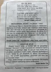 26 MART 2001 - TAKVİM YAPRAĞI - DOĞUM GÜNÜ HEDİYESİ - BÜYÜK SAATLİ MAARİF TAKVİMİ - ŞİNASİ - BEHÇET KEMAL ÇAĞLAR - MUHARREM HİCRİ YILBAŞI 1422 - OKUYAN AİLE ADLI KISA YAZI
