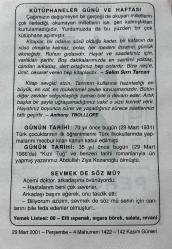 29 MART 2001 - TAKVİM YAPRAĞI - DOĞUM GÜNÜ HEDİYESİ - BÜYÜK SAATLİ MAARİF TAKVİMİ - ÇİN ATASÖZÜ - KÜTÜPHANELER GÜNÜ VE HAFTASI - SELİM SIRRI TARCAN - ANTHONY TROLLLOPE - ABDULLAH ZİYA KOZANOĞLU'NUN VEFATI - SEVMEK DE SÖZ MÜ ? ADLI KISA YAZI