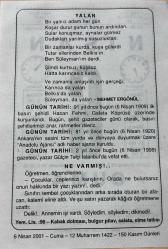 6 NİSAN 2001 - TAKVİM YAPRAĞI - DOĞUM GÜNÜ HEDİYESİ - BÜYÜK SAATLİ MAARİF TAKVİMİ - RAKIM ZİYAOĞLU - MEHMET ERGÖNÜL - HASAN FEHMİ'NİN KURŞUNLANMASI - ANADOLU HABER AJANSININ KURULUŞU - GÜLÇİN TELÇİ'NİN VEFATI - NE VARMIŞ ADLI KISA YAZI