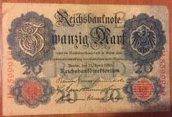 ALMANYA 20 MARK 1910 TEMİZ HALİYLE KAĞIT PARA RESİMDEKİ ÜRÜN