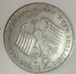 ALMANYA 1971 F   2 MARK  Konrad Adenauer. 20. Yıldönümü - Federal Cumhuriyet (1949 - 1969)