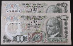 Türkiye Cumhuriyeti 6. Emisyon 3 Tertip 100 Lira  J 26 073838-39  Seri Takipli Çil