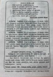 19 NİSAN 2001 - TAKVİM YAPRAĞI - DOĞUM GÜNÜ HEDİYESİ - BÜYÜK SAATLİ MAARİF TAKVİMİ - KUĞU FIRTINASI - SABAHATTİN KUDRET AKSAL - SABAHATTİN KUDRET AKSAL'IN VEFATI - DR.HAFIZ CEMAL (LOKMAN HEKİM) 'IN VEFATI - MİZAH YAZARI TEKİN ARAL'IN VEFATI - HİKMETİNDEN SUAL OLUNMAZ ADLI KISA YAZI