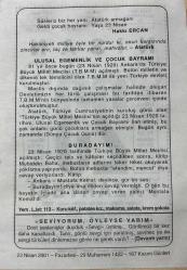 23 NİSAN 2001 - TAKVİM YAPRAĞI - DOĞUM GÜNÜ HEDİYESİ - BÜYÜK SAATLİ MAARİF TAKVİMİ - HAKKI ERCAN - ATATÜRK - ULUSAL EGEMENLİK VE ÇOCUK BAYRAMI - BURADAYIM ADLI KISA YAZI - SEVİYORUM ÖYLEYSE VARIM ADLI KISA YAZI