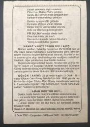 2 OCAK 2002 - TAKVİM YAPRAĞI - DOĞUM GÜNÜ HEDİYESİ - BÜYÜK SAATLİ MAARİF TAKVİMİ - HZ. MUHAMMED - PİR SULTAN ABDAL -NAMAZ VAKİTELERİNİN KULLANIŞI - YAZAR EFLATUN CEM GÜNAY'IN VEFATI - AMAN DOKTOR BEY ADLI KISA YAZI