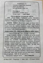 26 NİSAN 2001 - TAKVİM YAPRAĞI - DOĞUM GÜNÜ HEDİYESİ - BÜYÜK SAATLİ MAARİF TAKVİMİ - KIRGIZ ATASÖZÜ - CAHİT IRGAT - HAYDİ BÜTÜN ÇOCUKLAR AŞIYA - TÜRK TİYATROCU CAHİT  ÖZCAN'IN VEFATI - SEVİYORUM, ÖYLEYSE VARIM ADLI YAZI DİZİSİ