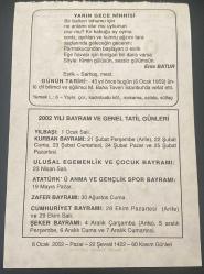 6 OCAK 2002 - TAKVİM YAPRAĞI - DOĞUM GÜNÜ HEDİYESİ - BÜYÜK SAATLİ MAARİF TAKVİMİ - ZİYA PAŞA - ENİS BATUR - M. BAHA TOVEN'IN VEFATI -  2002 YILI BAYRAM VE GENEL TATİL GÜNLERİ