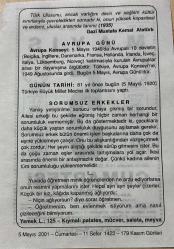5 MAYIS 2001 - TAKVİM YAPRAĞI - DOĞUM GÜNÜ HEDİYESİ - BÜYÜK SAATLİ MAARİF TAKVİMİ - AVRUPA GÜNÜ - GAZİ MUSTAFA KEMAL ATATÜRK - İLK TBMM TOPLANTISI - SORUMSUZ ERKEKLER ADLI KISA YAZI