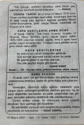 15 MAYIS 2001 - TAKVİM YAPRAĞI - DOĞUM GÜNÜ HEDİYESİ - BÜYÜK SAATLİ MAARİF TAKVİMİ - ENVER TUNÇALP - ATATÜRK - İZMİR'İN İŞGALİ - HAVA ŞEHİTLERİNİ ANMA GÜNÜ - İ.HAKKI SUNAT - VEDAT GÜNYOL
