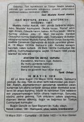 19 MAYIS 2001 - TAKVİM YAPRAĞI - DOĞUM GÜNÜ HEDİYESİ - BÜYÜK SAATLİ MAARİF TAKVİMİ - ATATÜRK - GAZİ MUSTAFA KEMAL ATATÜRK'ÜN DOĞUMU - TARIK ORHAN - 19 MAYIS 1919