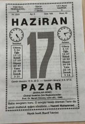 17 HAZİRAN 2001 - TAKVİM YAPRAĞI - DOĞUM GÜNÜ HEDİYESİ - BÜYÜK SAATLİ MAARİF TAKVİMİ - HZ.MUHAMMED - NACİ KASIM - BASRİ İMECE - BABALAR GÜNÜ KUTLU OLSUN - RUS BESTEKARI İGOR STRAVİNSKİ DOĞDU - AMELİA ERHART ATLANTİĞİ UÇAKLA AŞAN İLK KADIN PİLOT - RUS YAZAR MAKSİM GORKİ'NİN VEFATI