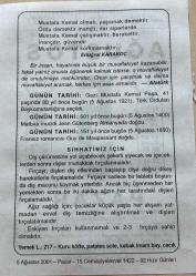5 AĞUSTOS 2001 - TAKVİM YAPRAĞI - DOĞUM GÜNÜ HEDİYESİ - BÜYÜK SAATLİ MAARİF TAKVİMİ - MUSTAFA KEMAL ATATÜRK - ERTUĞRUL KARAKOÇ - ATATÜRK BAŞKOMUTANLIĞA SEÇİLDİ - MATBAA MUCİDİ JEAN GÜTENBERG DOĞDU - FRANSIZ ROMANCI GUY DE MAUPASSANT - SIHHATİNİZ İÇİN ADLI YAZI