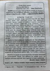 9 AĞUSTOS 2001 - TAKVİM YAPRAĞI - DOĞUM GÜNÜ HEDİYESİ - BÜYÜK SAATLİ MAARİF TAKVİMİ - ŞİNASİ BOZKURT AYKIN - İLHAN DEMİRASLAN - MUSTAFA KEMAL ATATÜRK - LATİN ALFABESİNİN KABULÜ