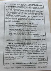 16 AĞUSTOS 2001 - TAKVİM YAPRAĞI - DOĞUM GÜNÜ HEDİYESİ - BÜYÜK SAATLİ MAARİF TAKVİMİ - ADVİYE BACI - HACI BEKTAŞ VELİ'Yİ ANMA GÜNÜ - ALİ NUTKİ BABA - TURGUT KOCA - CEMALİ BABA