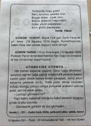 19 AĞUSTOS 2001 - TAKVİM YAPRAĞI - DOĞUM GÜNÜ HEDİYESİ - BÜYÜK SAATLİ MAARİF TAKVİMİ - TEVFİK FİKRET - TEVFİK FİKRET'İN VEFATI - PROF.PARROT İLE BERABERİNDEKİLER AĞRI DAĞINI TIRMANDI - GÖRMESİNE GÖRMÜŞ ADLI YAZI