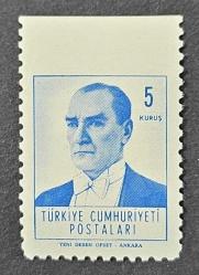 1961 Atatürk Resimli Sürekli Posta Pulları % kuruş Üst Kenar Dantelsiz Erörü, MNH