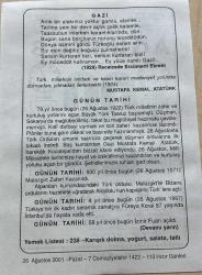 26 AĞUSTOS 2001 - TAKVİM YAPRAĞI - DOĞUM GÜNÜ HEDİYESİ - BÜYÜK SAATLİ MAARİF TAKVİMİ - MEHMET EMİN YURDAKUL - RECAİZADE ERCÜMENT EKREM - MUSATAFA KEMAL ATATÜRK -  BÜYÜK TAARRUZ'UN BAŞLANGICI - MALAZGİRT ZAFERİ KAZANILDI - TÜRKİYE'NİN İLK SEERAMİK SANATÇISI FÜREYA KORAL VEFAT ETTİ - İZMİR FUARI AÇILDI