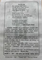 18 EYLÜL 2001 - TAKVİM YAPRAĞI - DOĞUM GÜNÜ HEDİYESİ - BÜYÜK SAATLİ MAARİF TAKVİMİ - DR.FARUK BAYÜLKEM - YEKTA GÜNGÖR ÖZDEN - ERTUĞRUL FIRKATEYNİ JAPON SULARINDA BATTI - MUALLİM NACİ