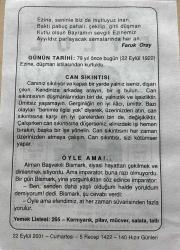 22 EYLÜL 2001 - TAKVİM YAPRAĞI - DOĞUM GÜNÜ HEDİYESİ - BÜYÜK SAATLİ MAARİF TAKVİMİ - BENJAMİN FRANKLİN - FARUK ORAY - EZİNE DÜŞMAN İŞGALİNDEN KURTULDU - CAN SIKINTISI ADLI YAZI - ÖYLE AMA ADLI YAZI