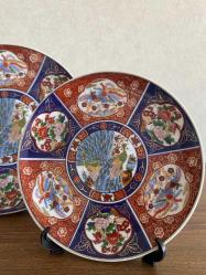 Vintage Japon Imari El Boyama Porselen Duvar Tabakları 3'lü Set