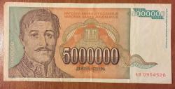 YUGOSLAVYA  5 000 000  DİNAR 1992 ÇOK  TEMİZ KAĞIT  PARA