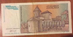 YUGOSLAVYA  5 000 000  DİNAR 1992 ÇOK  TEMİZ KAĞIT  PARA
