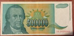 YUGOSLAVYA  500 000  DİNAR 1993 ÇOK  TEMİZ KAĞIT  PARA