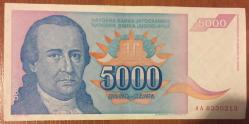 YUGOSLAVYA  5 000  DİNAR 1994 ÇOK  TEMİZ KAĞIT  PARA