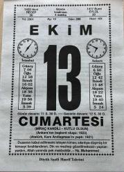 13 EKİM 2001 - TAKVİM YAPRAĞI - DOĞUM GÜNÜ HEDİYESİ - BÜYÜK SAATLİ MAARİF TAKVİMİ - HZ.MUHAMMED - Mİ'RAC GECESİ - ATATÜRK - ANKARA'NIN BAŞKENT OLUŞU