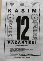 12 KASIM 2001 - TAKVİM YAPRAĞI - DOĞUM GÜNÜ HEDİYESİ - BÜYÜK SAATLİ MAARİF TAKVİMİ - TUFAN ERDOĞAN - GÜLTEKİN SAMANOĞLU - DÜZCE DEPREMİ - HEYKELTRAŞ AUGUSTE RODİN DOĞDU - YALNIZLIK ADLI KISA YAZI