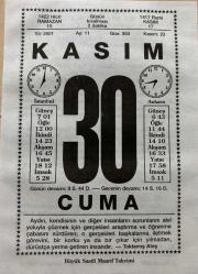 Efemera - 30 KASIM 2001 - TAKVİM YAPRAĞI - DOĞUM GÜNÜ HEDİYESİ - BÜYÜK SAATLİ MAARİF TAKVİMİ - TOKTAMIŞ ATEŞ - FAZIL HÜSNÜ DAĞLARCA - DR. MEHMET ALİ DERMAN - İNGİLİZ YAZAR OSCAR WİLDE ÖLDÜ - TEKKE VE ZAVİYELERİN KAPATILMASINA İLGİLİ KARAR ÇIKTI - AKTÖRLE FAKTÖR ADLI YAZI - kitantik - kitaLog