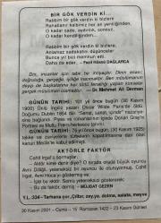30 KASIM 2001 - TAKVİM YAPRAĞI - DOĞUM GÜNÜ HEDİYESİ - BÜYÜK SAATLİ MAARİF TAKVİMİ - TOKTAMIŞ ATEŞ - FAZIL HÜSNÜ DAĞLARCA - DR. MEHMET ALİ DERMAN - İNGİLİZ YAZAR OSCAR WİLDE ÖLDÜ - TEKKE VE ZAVİYELERİN KAPATILMASINA İLGİLİ KARAR ÇIKTI - AKTÖRLE FAKTÖR ADLI YAZI