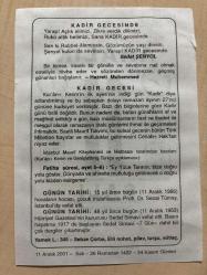 11 ARALIK 2001 - TAKVİM YAPRAĞI - DOĞUM GÜNÜ HEDİYESİ - BÜYÜK SAATLİ MAARİF TAKVİMİ - NAGEHAN ORBAY - SEDAT ŞENYOL - HZ.MUHAMMED - KADİR GECESİ - PROF. DR. SEZAİ TÜMAY VEFAT ETTİ - HÜRRİYET GAZETESİ KURUCUSU SEDAT SİMAVİ VEFAT ETTİ