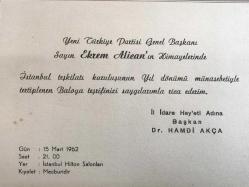 Yeni Türkiye Partisi - Ekrem ALİCAN, Hamdi AKÇA - 1962 yılı İstanbul HİLTON / Davetiye