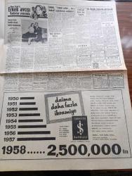 Hürriyet Gazetesi - 12 Ocak 1958 - Türkiye'nin Amerika'daki Hukuk Müşaviri Dewey Türkiye'yi Amerika'da İlgilendiren İşler İçin Geldi - Dewey Hariciye Vekili Fatin Rüştü Zorlu İle Görüştü - Doktor Fazıl Küçük Yarın Fatin Rüştü Zorlu İle Görüşülecek - 12 Bin Gencin Kanı İle Çizilen Bayrak Dün Fazıl Küçük'e Verildi - Okul Öğretmenler İhtiyacına Karşı CHP Bir Plan Teklif Etti - NATO Kumandanı Lindsay Sustu - Plebisiti Muhalefet Seçimi Demokrat Parti Kazandı - İsmet İnönü İnönü Zaferinin Hukuki Cephelerini Anlatıyor - Safiye Ayla Her Akşam Tepebaşı Gazinosunda - Suni Peyklerin İstikbali - Pearl S. Buck'un Son Eseri Pekin'den Mektup Yazı Dizisi - Dedektif Nik'in Maceraları Çizgi Roman - New York'ta Erkek Avcısı Kadınlar Arasında Röportajı Yapan Metin Doğan Alp - Cemil Sait Barlas Dün Konuştu - Fenerbahçe Beykoz Bugün Saat 14.15 De Karşılaşıyorlar - Galatasaray Bugün Karagümrük İle Hususi Bir Maç Yapacak - Bugünkü Basketbol Ve Voleybol Müsabakaları - Gökler Hakimi Gordon Çizgi Roman