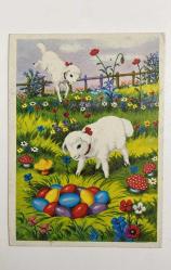 HEDİYE KARTPOSTALI - 15 x 10 cm EBADINDA - ARKASI YAZILI - YEŞİLLİKLER ARASINDA RENKLİ PASKALYA YUMURTALARI VE TATLI KUZULAR