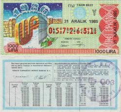 ESKİ MİLLİ PİYANGO 31 ARALIK 1985 YARIM BİLET. 7. EMİSYON 10 LİRA KAĞIDINA BASILMIŞ YILBAŞI 1/2 BİLET 1000 LİRA T SERİSİ. NADİR.