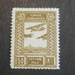 1935-1937 TAYYARE MÜDAFAA PULLARINDAN T-10 KAHVERENGİ 50 KURUŞ MNH